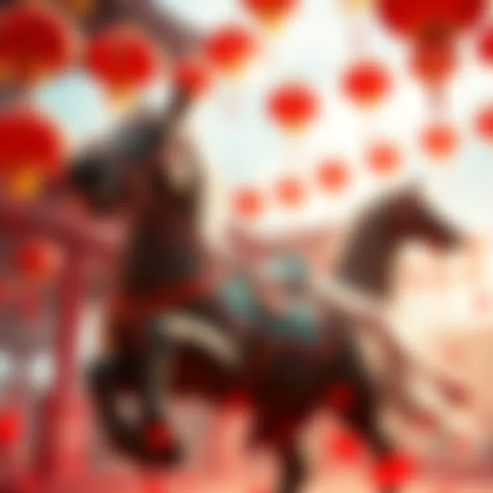 A festive scene with a horse, red lanterns, and decorations symbolizing the Chinese New Year, showcasing joy and prosperity.