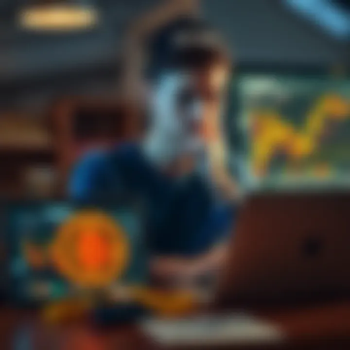 A 20-year-old man reflecting on his cryptocurrency journey, sitting at a desk with a laptop, Bitcoin charts visible on the screen, and a thoughtful expression.