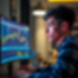 A 20-year-old finance student looks at a computer screen showing Bitcoin prices, contemplating his investment plans.