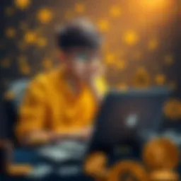 An 18-year-old freelancer working on a laptop, surrounded by cryptocurrency symbols and notes, looking thoughtful about their freelance journey.
