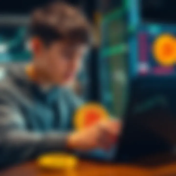 A young person looking at stock charts and Bitcoin graphics on a laptop, contemplating an investment shift