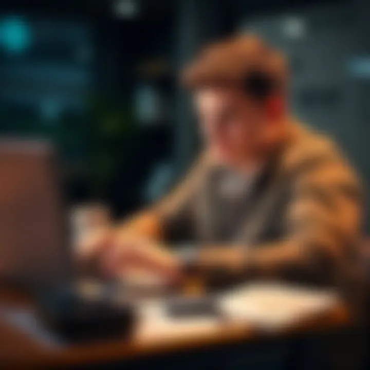 A 21-year-old man researching Bitcoin investment strategies on a laptop, with a Trezor wallet nearby and a notepad filled with financial notes.