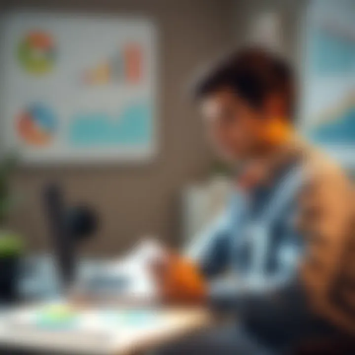A young person analyzing investment charts and graphs at a desk with a laptop, symbolizing long-term investment strategy.