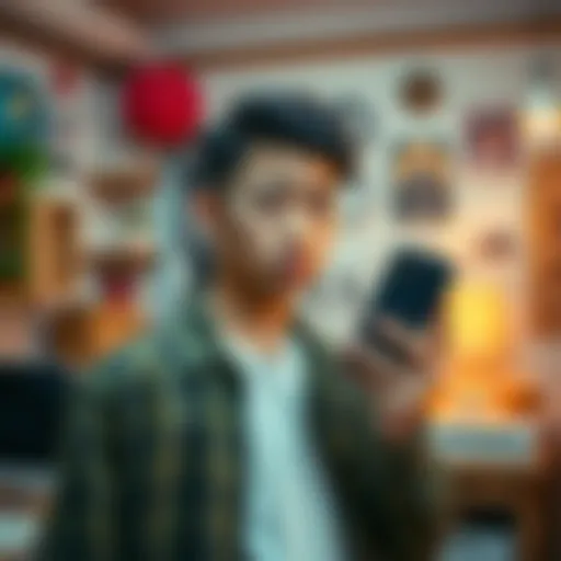 A young man looks puzzled while holding his phone, trying to measure his height with an app. He stands in a room decorated with various items, appearing curious and slightly confused.