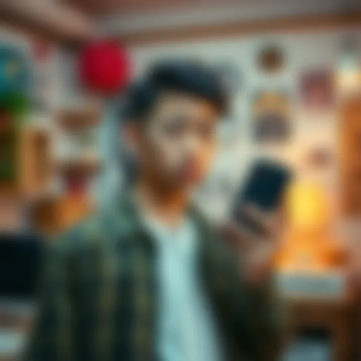 A young man looks puzzled while holding his phone, trying to measure his height with an app. He stands in a room decorated with various items, appearing curious and slightly confused.