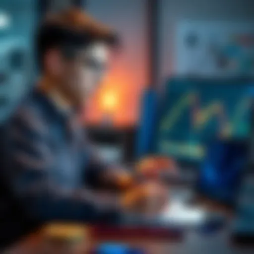 A 20-year-old student sitting at a desk, looking at a laptop with crypto charts on the screen, taking notes with a pen.