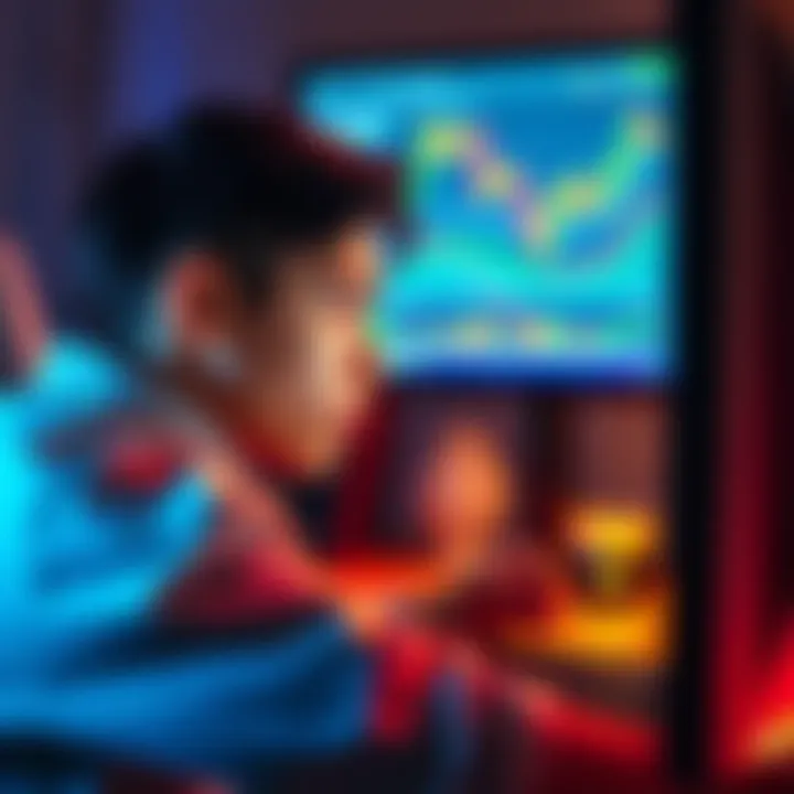 A 20-year-old person focused on a computer screen with cryptocurrency charts and graphs, symbolizing crypto trading
