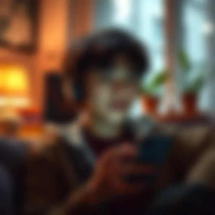 A 19-year-old looking hopeful while sitting alone with a phone, wanting to connect with others for friendship, in a cozy room setting.
