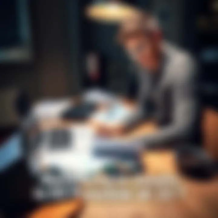 A 33-year-old person analyzing savings and investment strategies for early retirement on a laptop at a desk, with financial documents and a calculator nearby.
