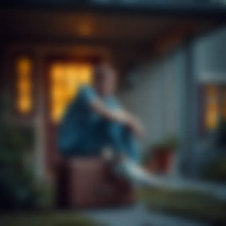 A young adult sitting on a suitcase outside a house A young person looking contemplative while sitting on a suitcase outside a home, symbolizing being kicked out and reflecting on family ties