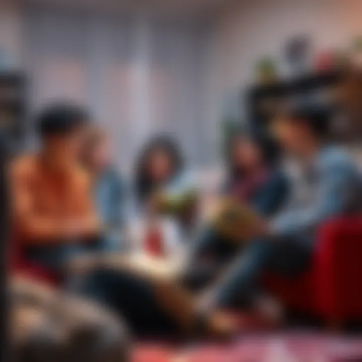 A diverse group of NEETs socializing in a cozy living room, laughing and sharing stories while surrounded by books and games