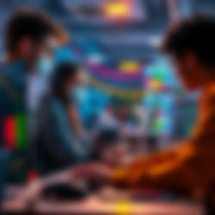 A young computer science student working with colleagues on tech projects related to AI, Blockchain, and Robotics in a vibrant workspace