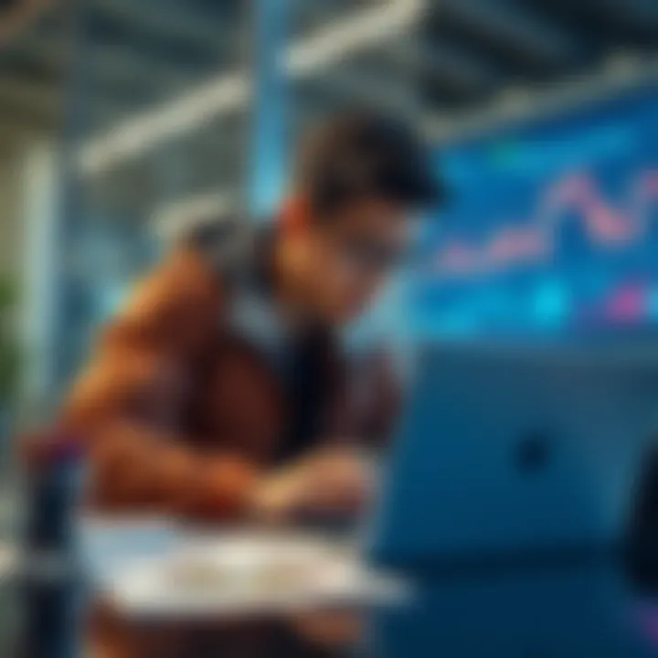 A 19-year-old finance student examines market trends on a laptop with financial charts visible.
