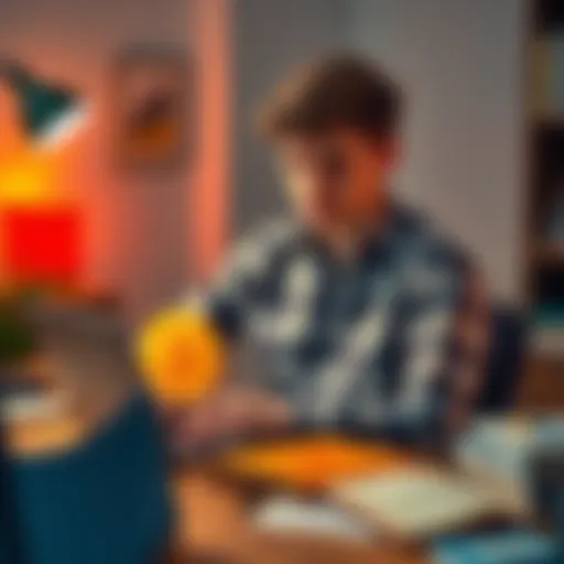 An 18-year-old sitting at a desk with a laptop, displaying charts of Bitcoin prices, looking thoughtful about his investment strategy, surrounded by financial books and notes.