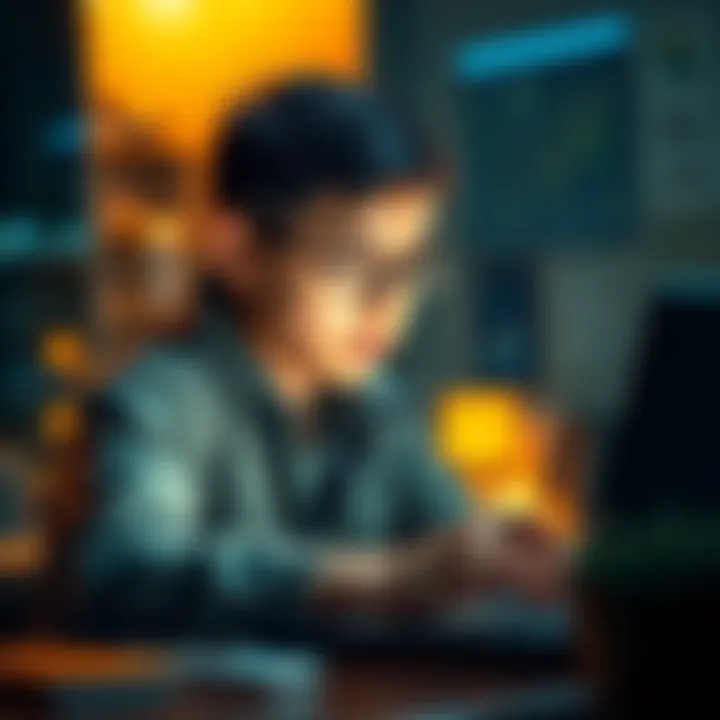 A young person researching Bitcoin on a laptop, focused on cryptocurrency investments