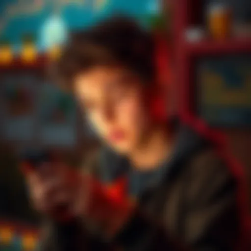 An 18-year-old looks worried while checking Bitcoin's price on a phone, feeling regret over a recent investment loss.