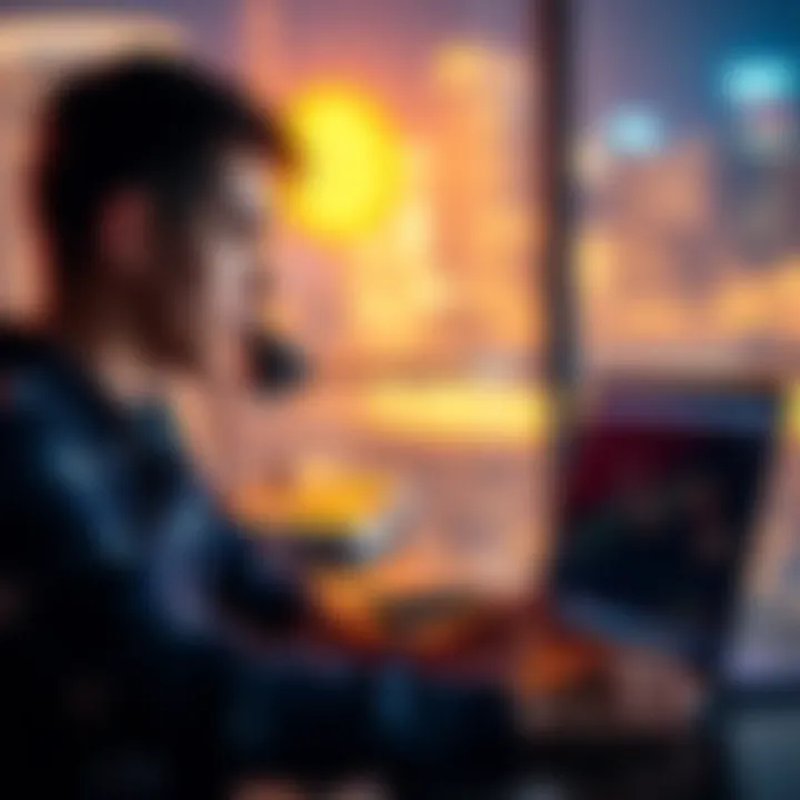 A young man looking at a laptop with charts and Bitcoin symbols, contemplating an investment decision