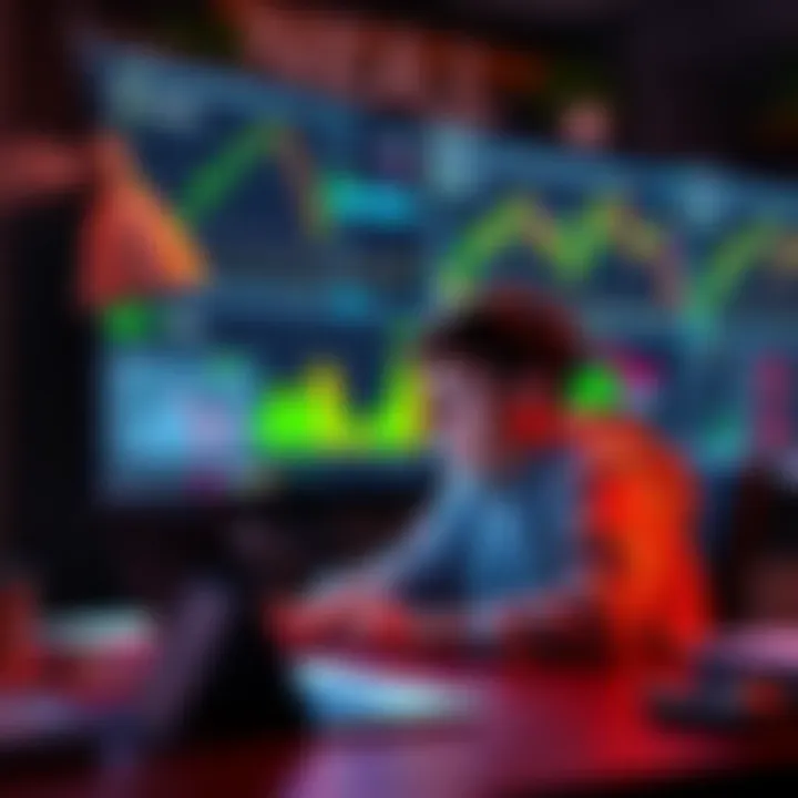 A young person sitting at a desk with a laptop, contemplating investing money in cryptocurrency, with charts and graphs displayed on the screen.