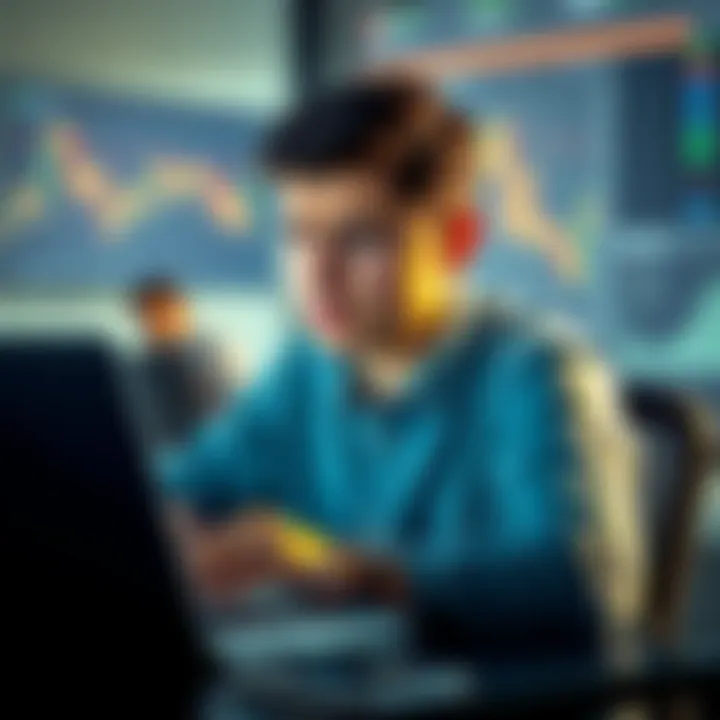 A young investor sitting at a desk with a laptop, showing a frustrated expression after checking cryptocurrency losses, with charts and graphs visible on the screen.