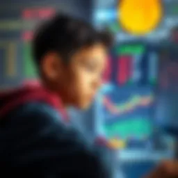 A 14-year-old boy looking at stock charts and Bitcoin trends on his computer, contemplating his investment strategy.