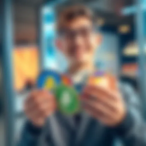 A young investor smiles while holding a collection of colorful internet tokens, showcasing their excitement in a modern setting.