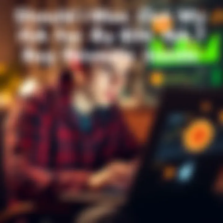 A young person looking at investment options on a laptop, with charts and Bitcoin graphics displayed.