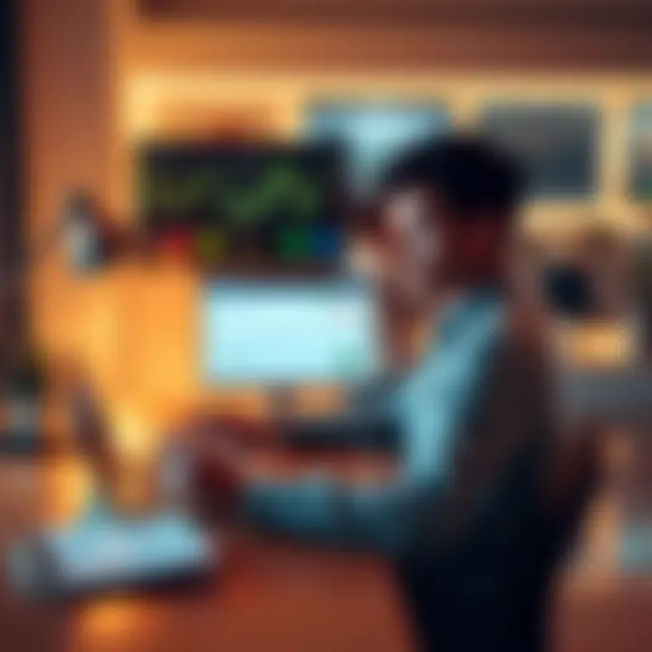 An 18-year-old person sitting at a desk with a laptop, looking at investment options like stocks, cryptocurrency, and ETFs, with a notepad and pen ready for taking notes.