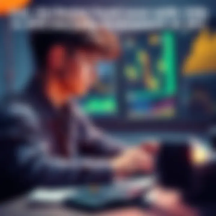 A young person looks at a laptop with cryptocurrency charts, symbolizing the journey towards early retirement with Bitcoin, surrounded by financial documents and a calculator.