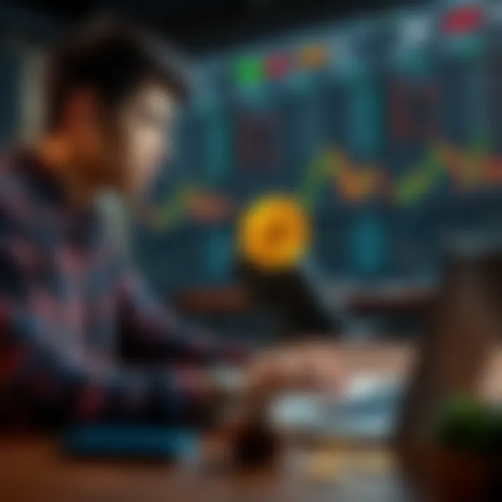 A young man discussing his investment strategy that includes stocks and Bitcoin while sitting at a table with a laptop and financial charts.