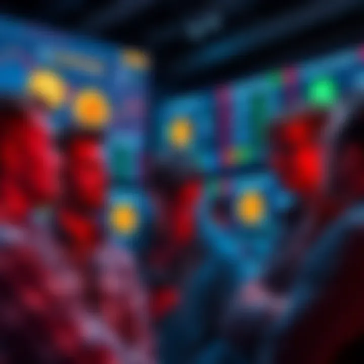 A group of young men engaged in discussion, looking at digital screens showing prediction markets and betting options, with Bitcoin logos in the background suggesting a shift away from cryptocurrencie...