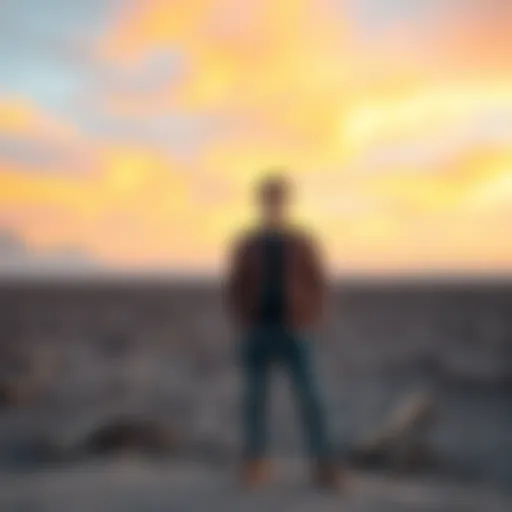 A young man stands on a barren plot of land, looking thoughtful as he considers ways to repay financial losses from crypto investments.