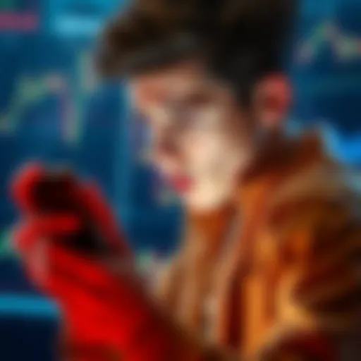 A 20-year-old looks concerned while checking his phone for crypto updates, surrounded by charts and graphs.