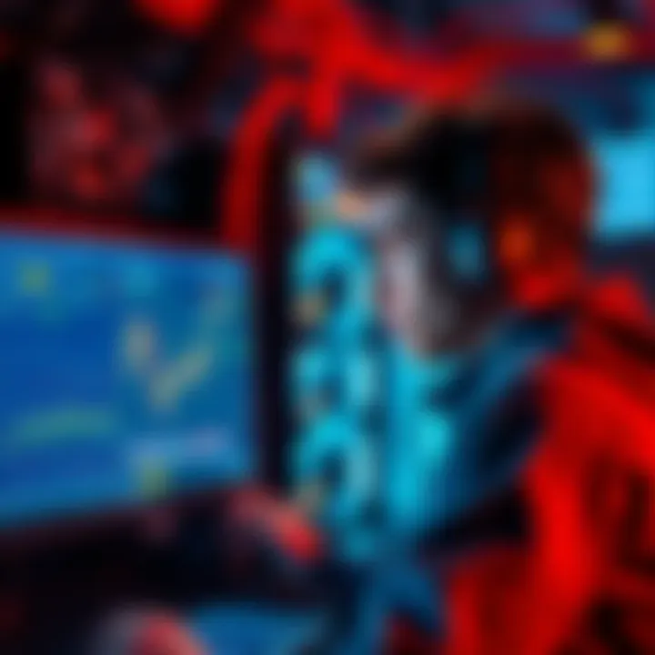 A young miner looking at a computer screen displaying cryptocurrency charts and mining equipment in the background