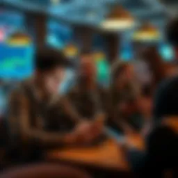 Young people looking at cryptocurrency charts Group of young adults analyzing cryptocurrency trends on mobile devices while sitting in a coffee shop