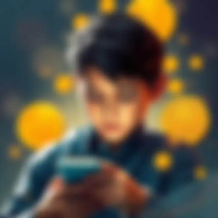 A 17-year-old boy looking at his phone with a worried expression, surrounded by symbols of Bitcoin and bank restrictions.
