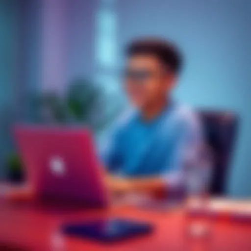 An 18-year-old sitting at a desk with a laptop, tracking their daily investments with Raiz, looking hopeful about their financial future.