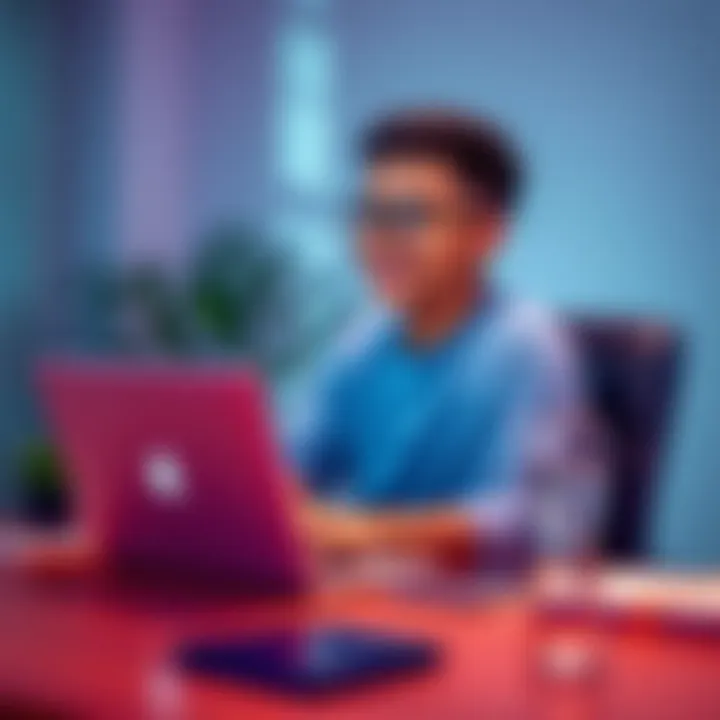 An 18-year-old sitting at a desk with a laptop, tracking their daily investments with Raiz, looking hopeful about their financial future.