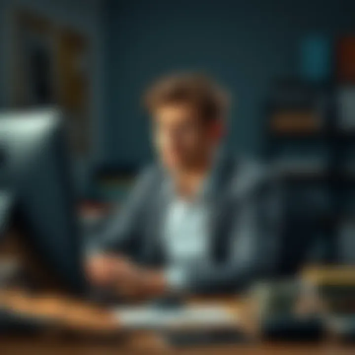 A young professional with a frustrated expression sitting at a cluttered desk with a computer, showing signs of work stress.
