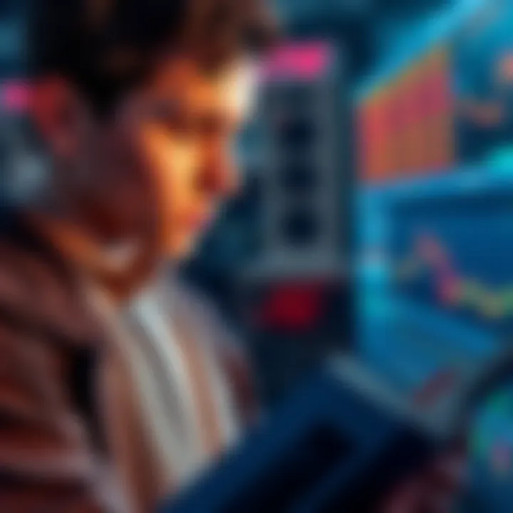 An 18-year-old looking at trading books and resources with a thoughtful expression.