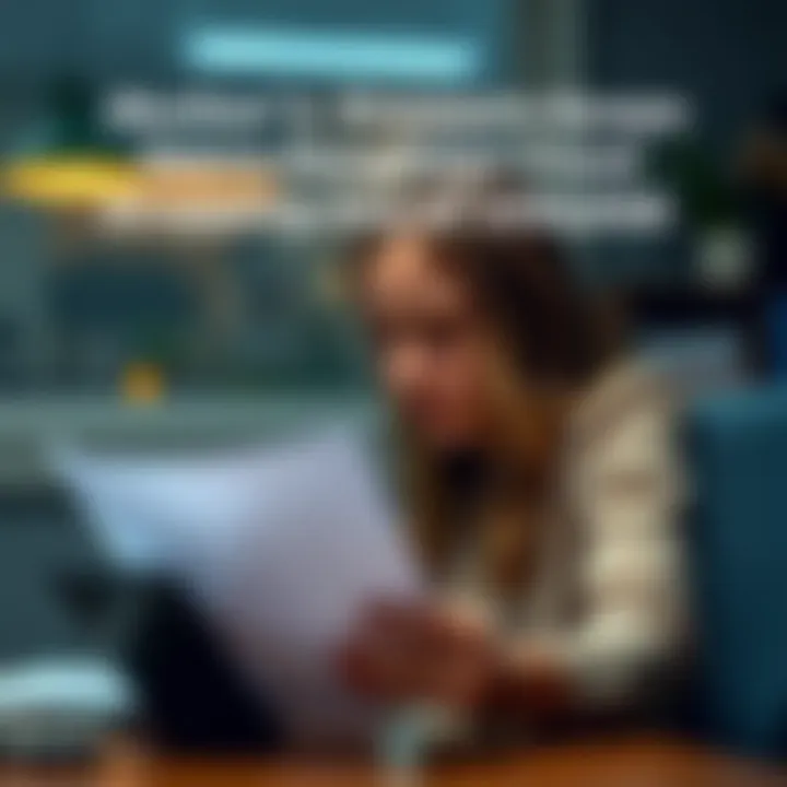 A young woman sits at a desk, looking worried while holding college papers, with a phone showing a text from her mother in the background.