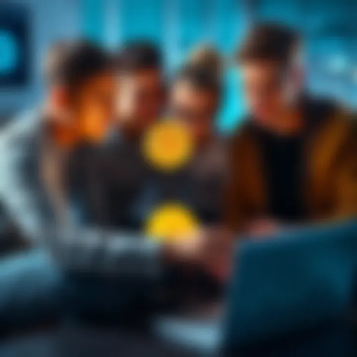 A group of young people discussing Bitcoin investments while looking at charts on a laptop