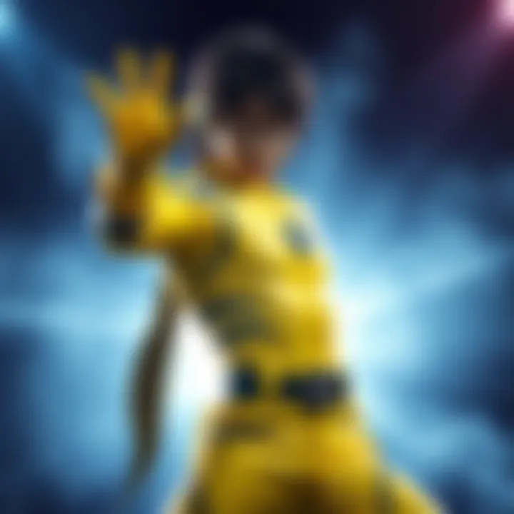 Yuki Yajima wearing the Yellow Four costume from Bioman, striking a heroic pose with a bright background