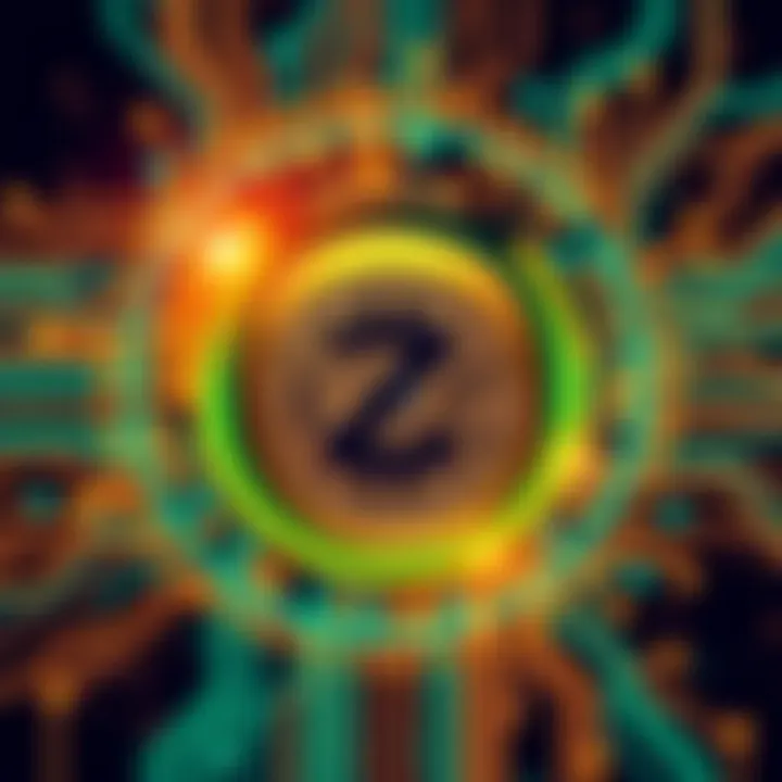 Zcash logo representing cryptocurrency with a digital circuit background showing vulnerability to quantum threats