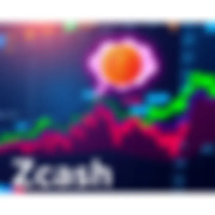 Zcash Price Chart A price chart showing a dip in Zcash value, with arrows indicating potential market trends, and a thought bubble with a question about buying opportunities.