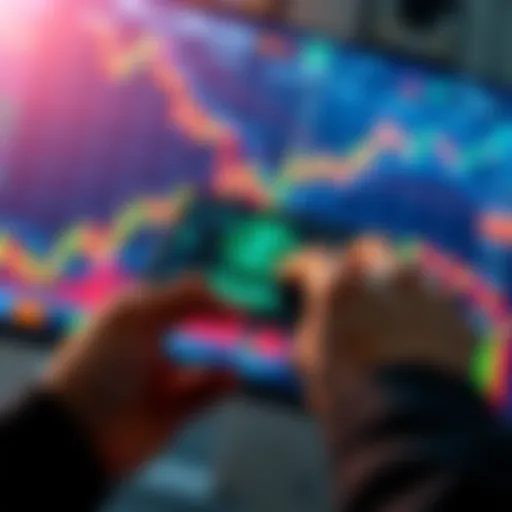 A person using a smartphone to make a payment with Zcash, surrounded by fluctuating price charts on a screen, symbolizing market volatility.