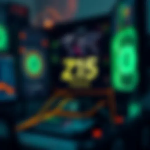 A computer setup with Z15 hosting for Zcash mining, showcasing fast hash rate capabilities and digital currency graphics.