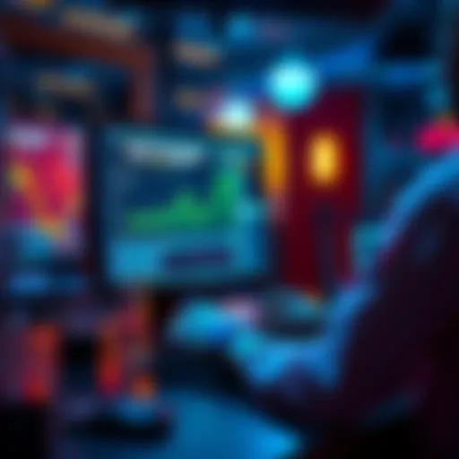 A person using a computer to access zero-interest credit for BTC or ETH, with financial graphics on the screen