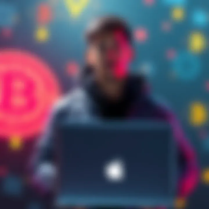 Zy0n promoting financial privacy Zy0n stands confidently with a laptop, showcasing Railgun's privacy features, surrounded by digital symbols of cryptocurrency